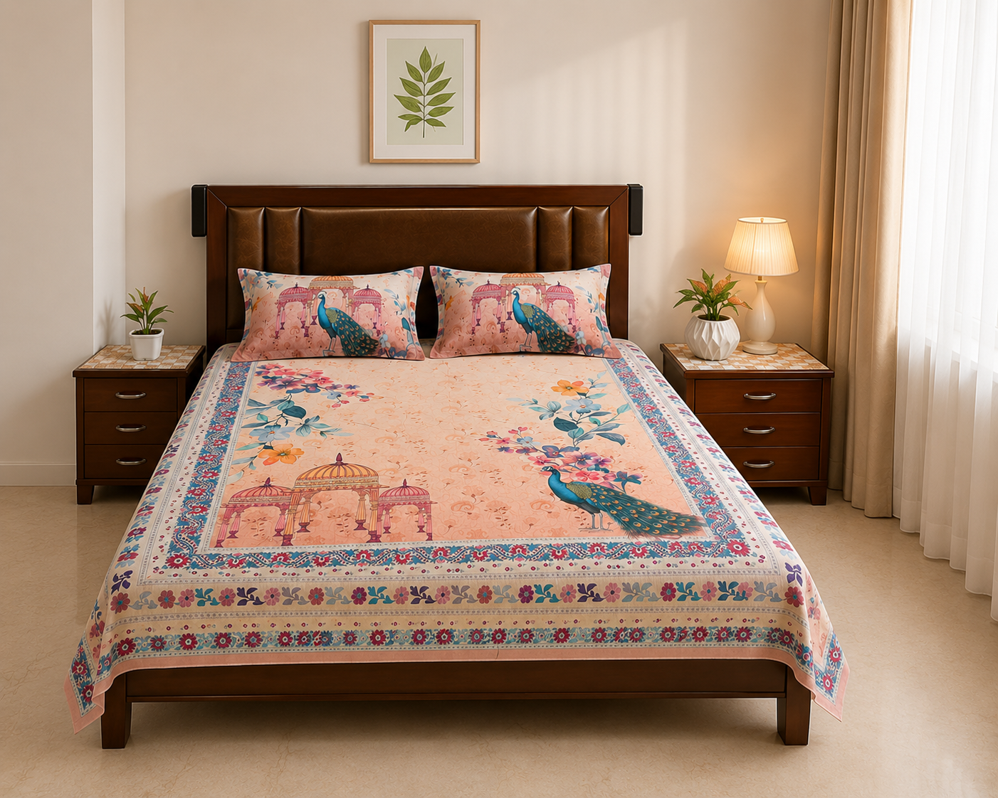 Mughal Peacock Bloom | Premium Cotton Bedsheet Set