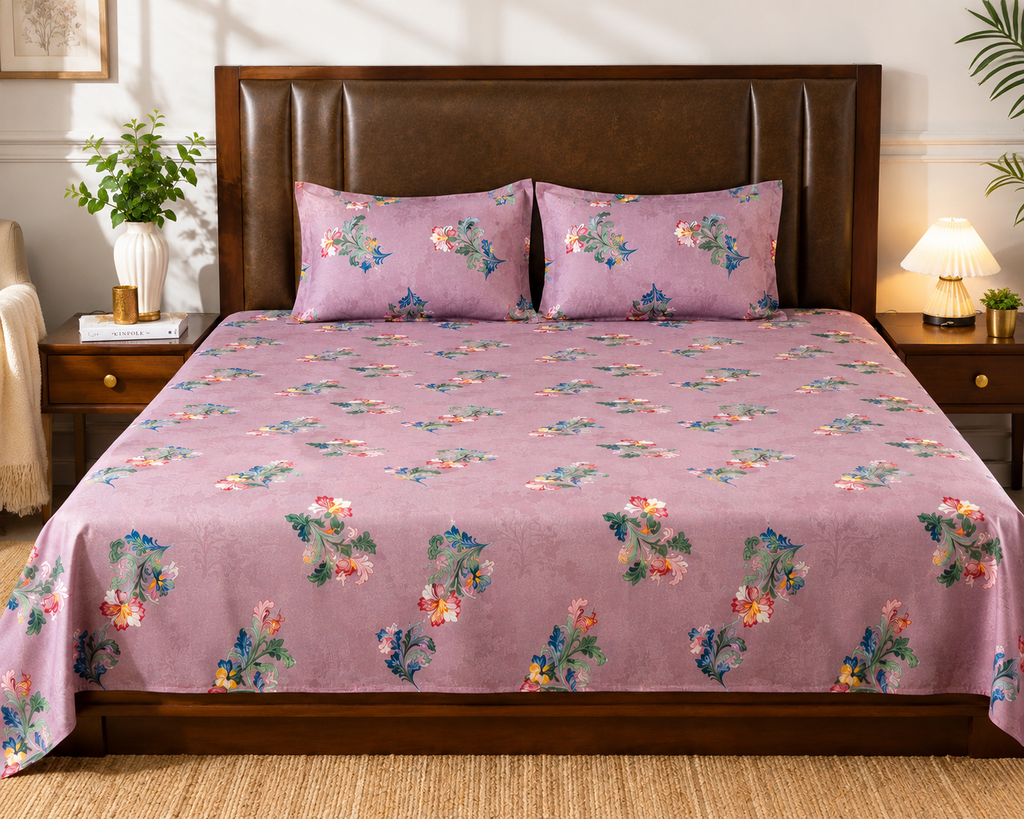 Mauve Floral Bedsheet Set with 2 Pillow Covers