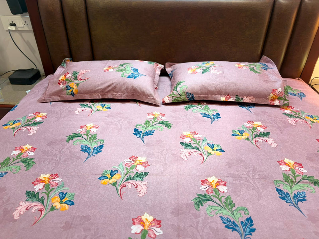 Mauve Floral Bedsheet Set with 2 Pillow Covers