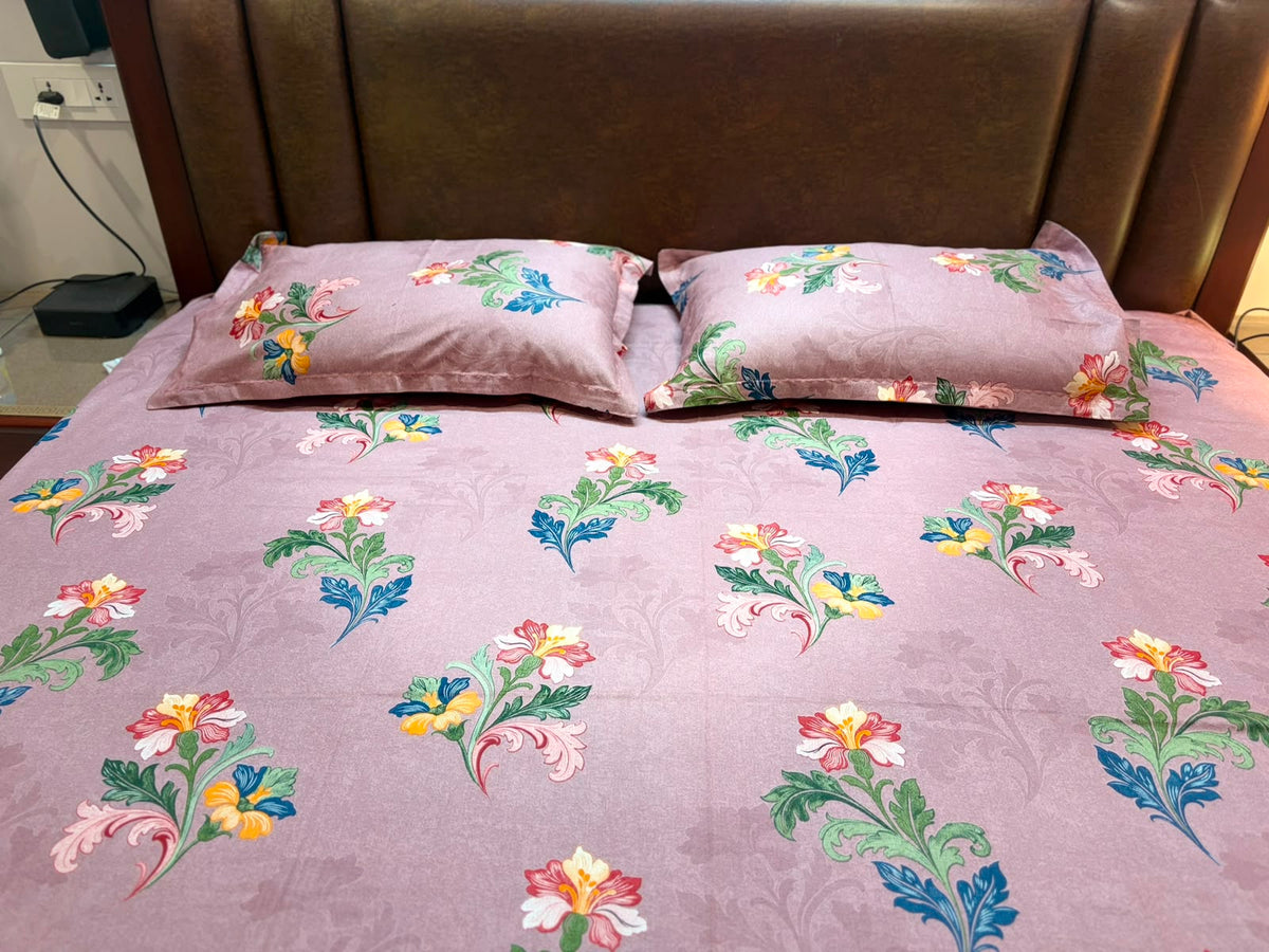 Mauve Floral Bedsheet Set with 2 Pillow Covers