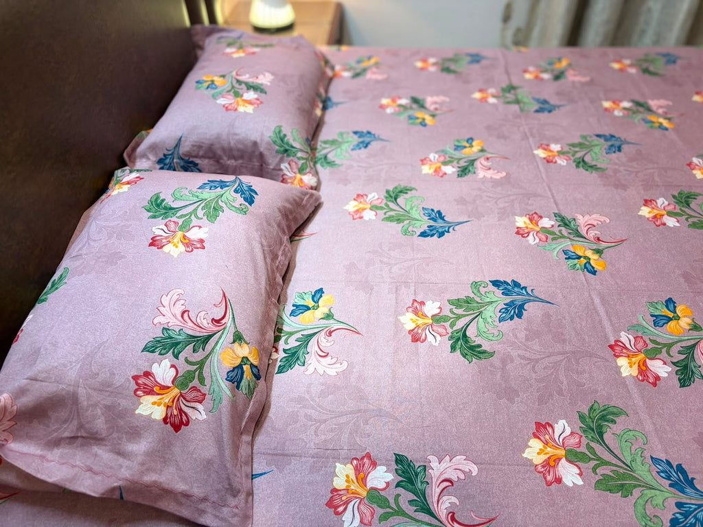 Mauve Floral Bedsheet Set with 2 Pillow Covers