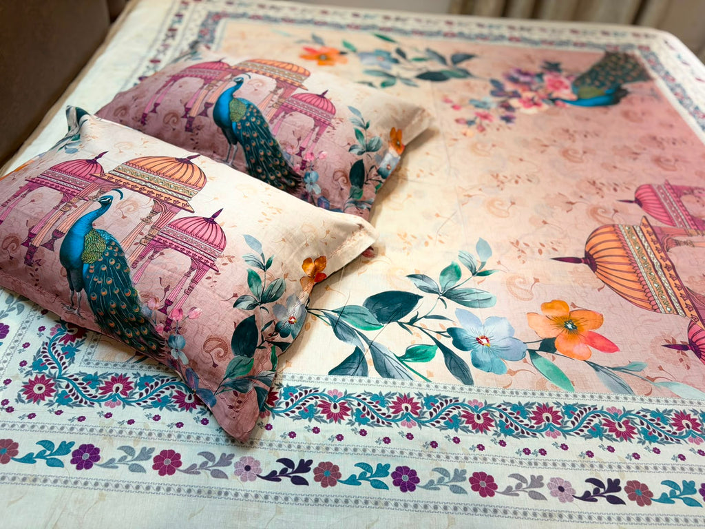 Mughal Peacock Bloom | Premium Cotton Bedsheet Set