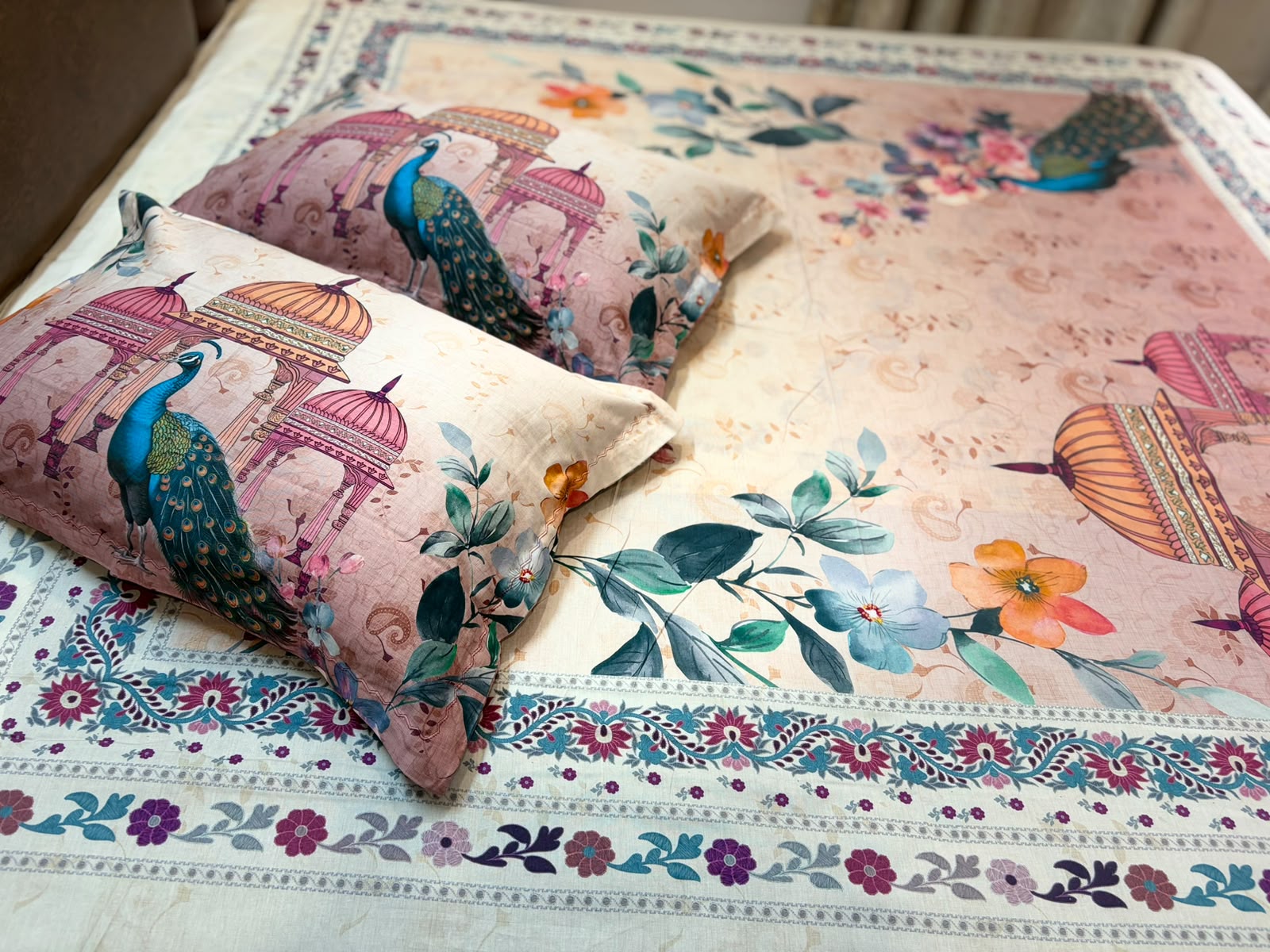 Mughal Peacock Bloom | Premium Cotton Bedsheet Set